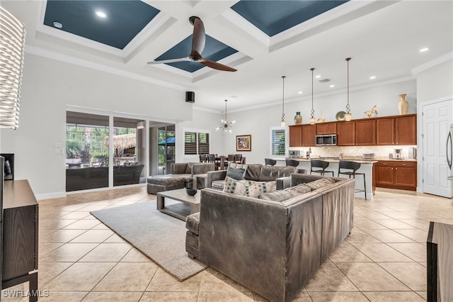 living room with light tile patterned flooring, a high ceiling, crown molding, and coffered ceiling