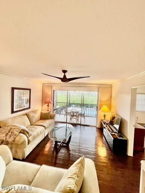 living room with crown molding, dark wood-type flooring, and ceiling fan