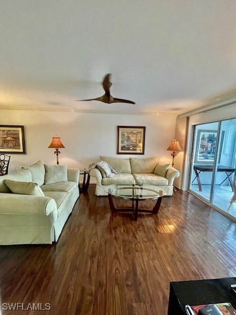 living room featuring ceiling fan and dark hardwood / wood-style floors