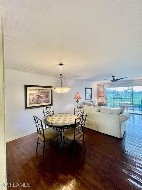 dining room with dark wood-type flooring and ceiling fan