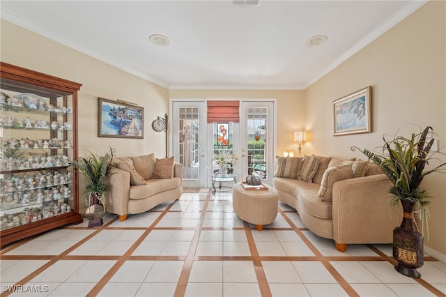 living room featuring ornamental molding and french doors