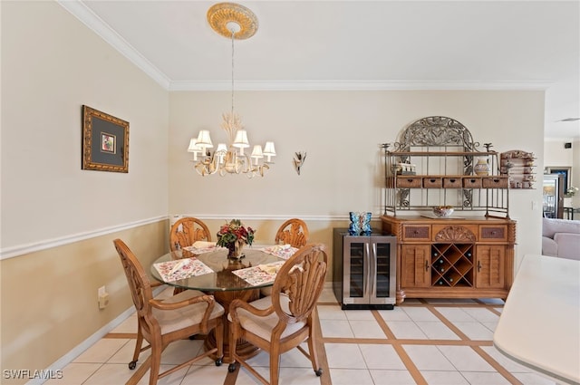 dining area featuring light tile patterned floors, wine cooler, a notable chandelier, and ornamental molding