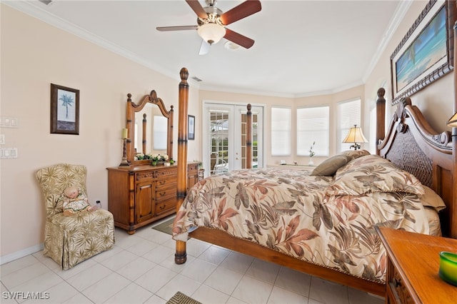 tiled bedroom featuring crown molding, ceiling fan, french doors, and access to outside