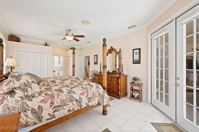 bedroom with light tile patterned floors, crown molding, a closet, access to exterior, and ceiling fan