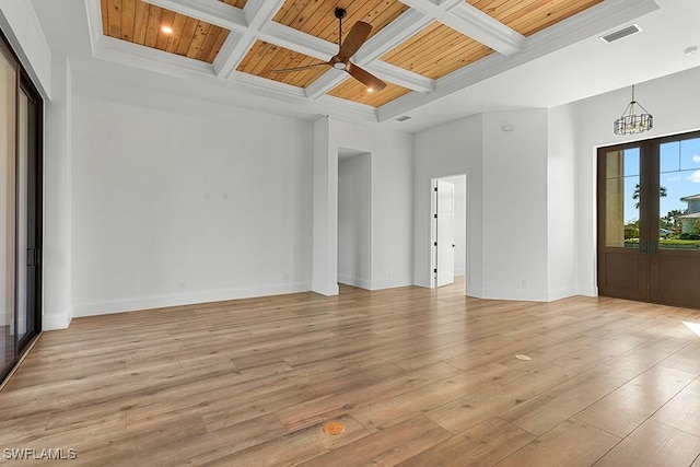 unfurnished room featuring beamed ceiling, light wood-type flooring, coffered ceiling, and wood ceiling