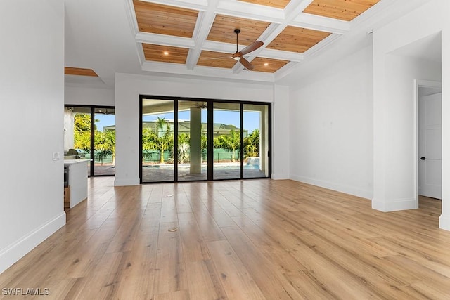 empty room featuring beam ceiling, ceiling fan, wood ceiling, and coffered ceiling