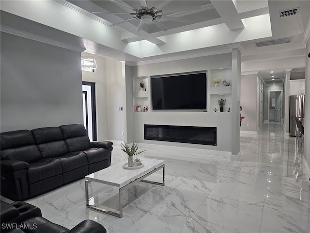 living room featuring built in features, coffered ceiling, ceiling fan, and ornamental molding