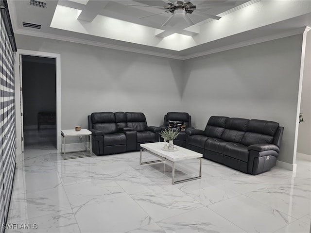 living room featuring visible vents, baseboards, ceiling fan, ornamental molding, and marble finish floor