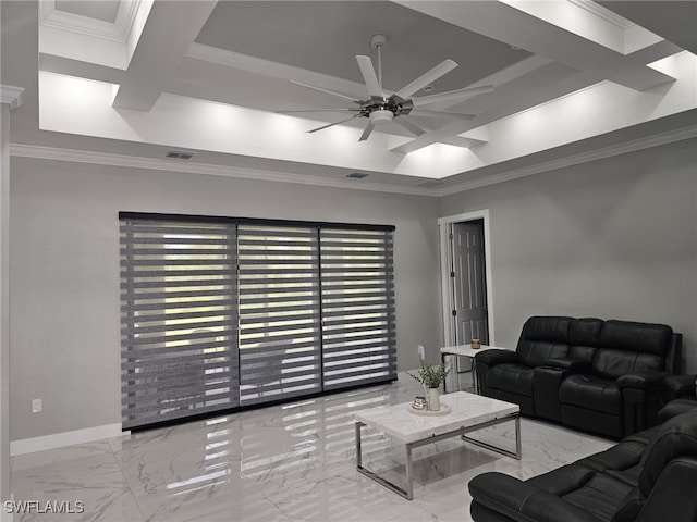 living room with coffered ceiling, ceiling fan, beam ceiling, and crown molding