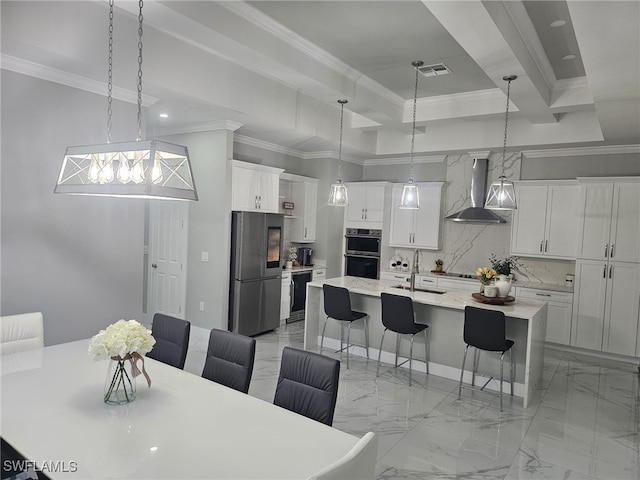 dining area with ornamental molding, marble finish floor, and visible vents