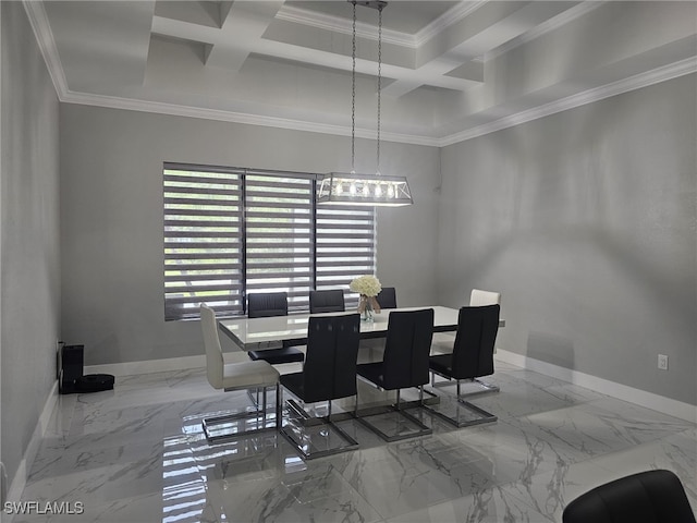 dining area with coffered ceiling, ornamental molding, and beamed ceiling