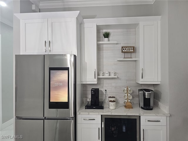 bar featuring beverage cooler, refrigerator with glass door, ornamental molding, and decorative backsplash