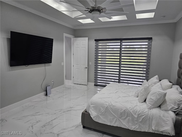 bedroom featuring marble finish floor, baseboards, a ceiling fan, and ornamental molding