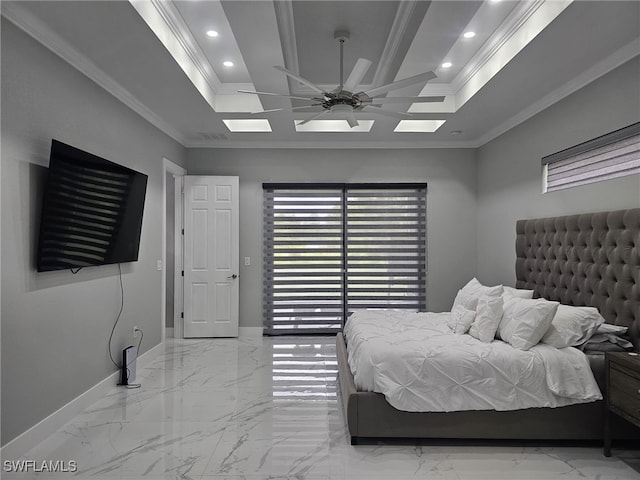 bedroom featuring ornamental molding, a raised ceiling, and ceiling fan