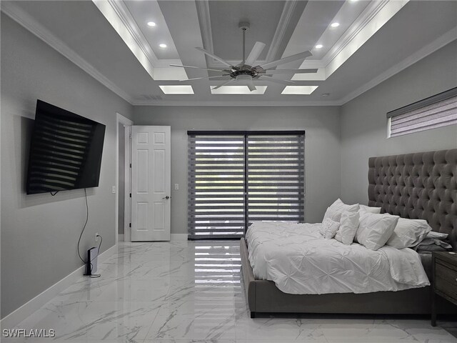 bedroom with marble finish floor, baseboards, ornamental molding, and recessed lighting