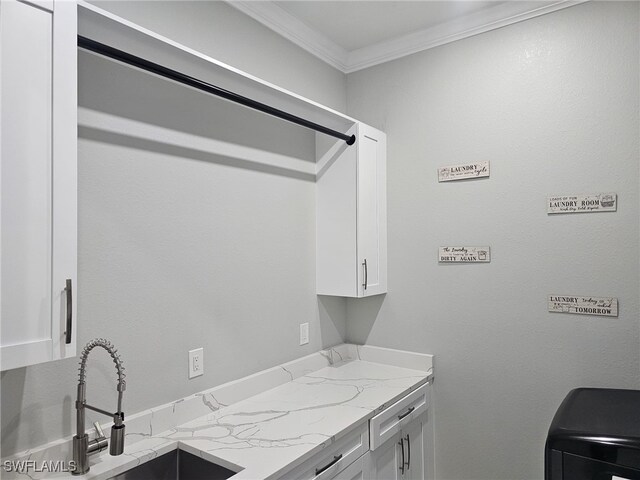 clothes washing area featuring a sink, cabinet space, and crown molding