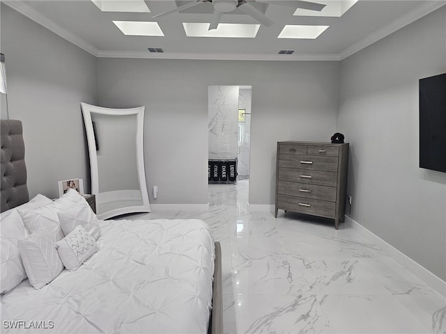 bedroom featuring marble finish floor, baseboards, and visible vents