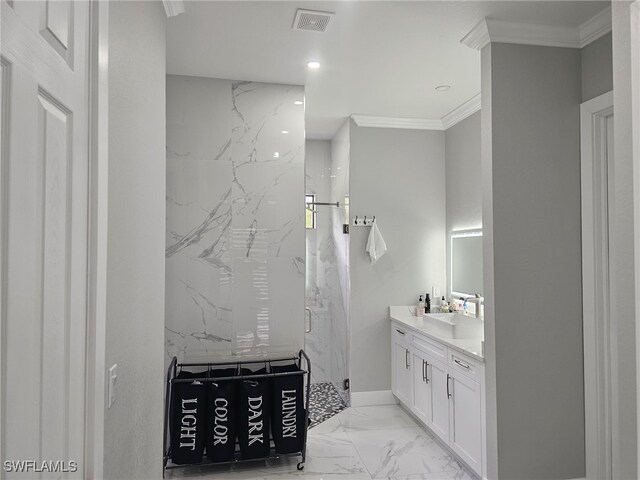 full bathroom with a marble finish shower, visible vents, ornamental molding, marble finish floor, and vanity