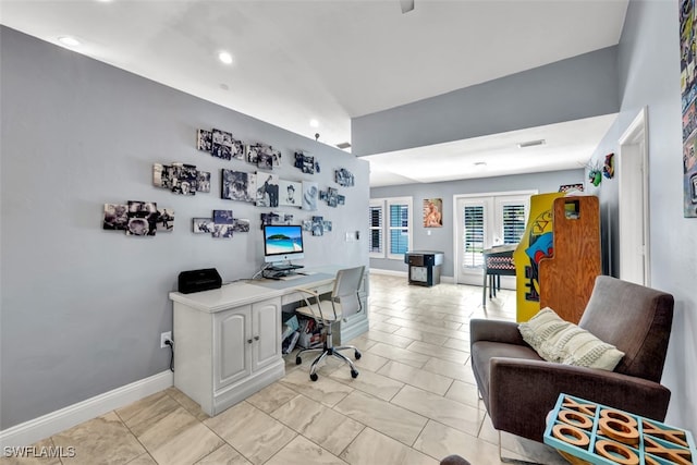 office featuring french doors