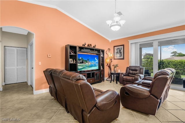 tiled living room featuring crown molding, vaulted ceiling, and an inviting chandelier