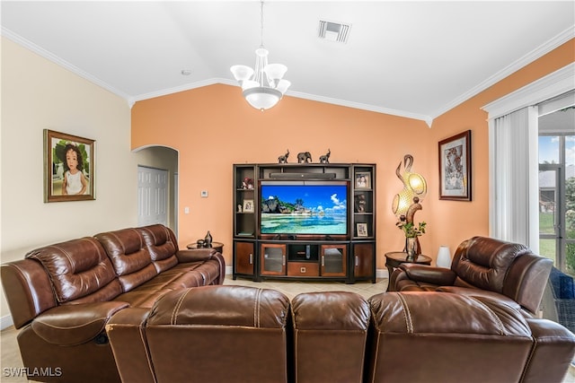 living room featuring ornamental molding, lofted ceiling, and a notable chandelier