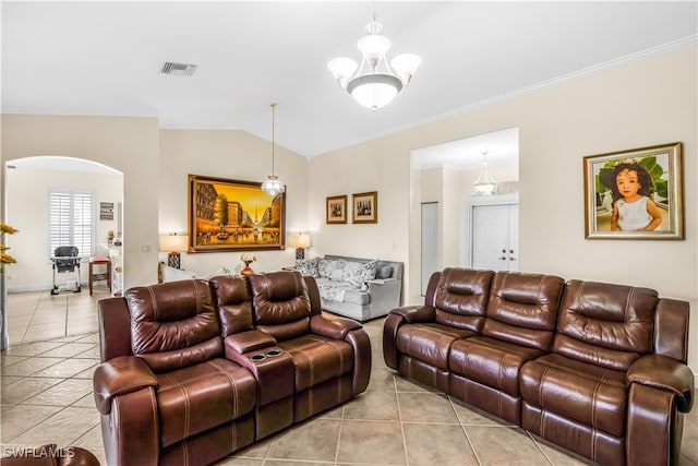 living room with crown molding, vaulted ceiling, an inviting chandelier, and light tile patterned floors