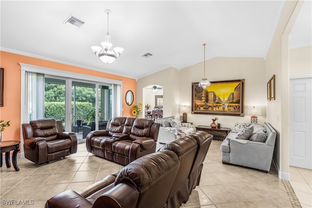 living room with crown molding, lofted ceiling, ceiling fan with notable chandelier, and light tile patterned flooring