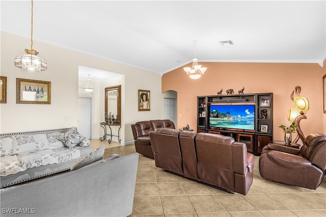 living room featuring lofted ceiling, ornamental molding, light tile patterned floors, and a chandelier