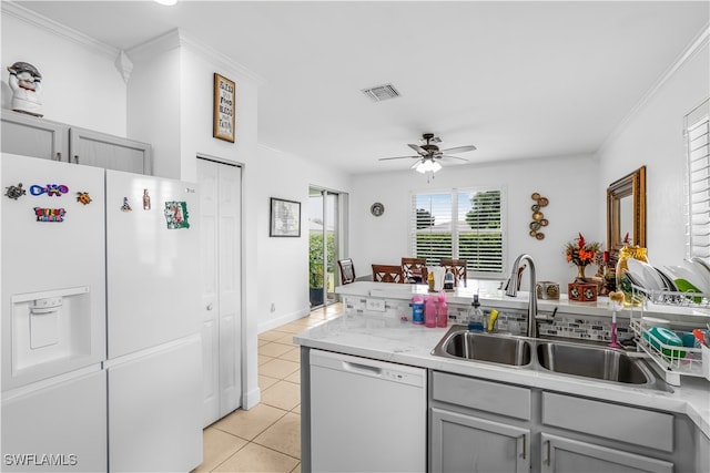 kitchen featuring crown molding, white appliances, sink, ceiling fan, and gray cabinetry