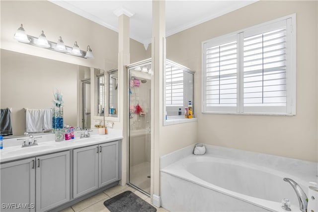 bathroom featuring crown molding, vanity, tile patterned flooring, and shower with separate bathtub