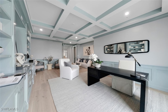 office space featuring recessed lighting, a wainscoted wall, coffered ceiling, beam ceiling, and light wood finished floors