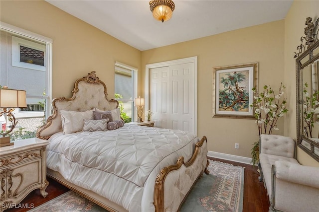 bedroom with dark wood finished floors, baseboards, and a closet