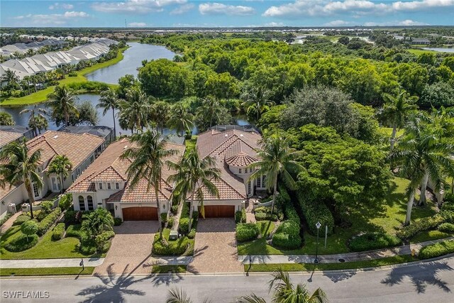 bird's eye view with a water view