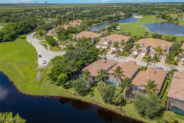 birds eye view of property featuring a residential view and a water view