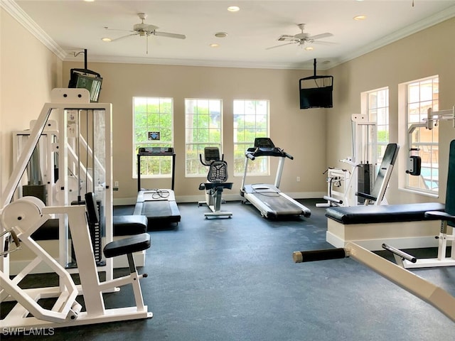 gym with ornamental molding and ceiling fan