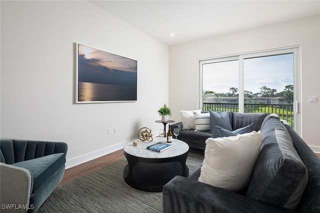 living room with dark hardwood / wood-style flooring