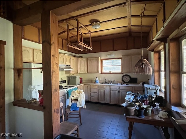1603 Tom Coker Rd, Labelle, FL 33935 - kitchen with under cabinet range hood, dark tile patterned floors, white electric range oven, light countertops, and vaulted ceiling