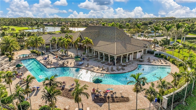 view of swimming pool featuring a patio area