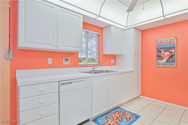 kitchen with dishwasher, white cabinetry, sink, light tile patterned flooring, and ceiling fan