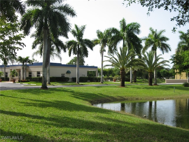 view of community featuring a yard and a water view