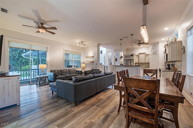 living room with hardwood / wood-style floors, ceiling fan, and crown molding