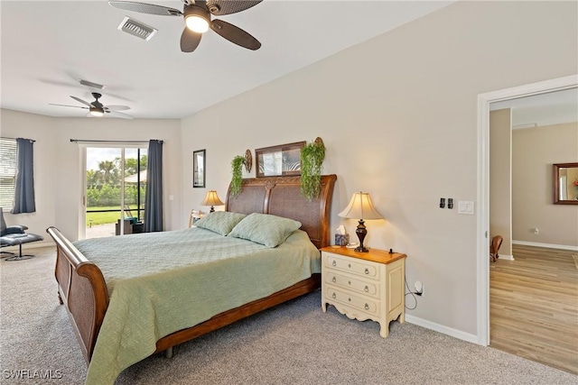 carpeted bedroom featuring ceiling fan and access to outside