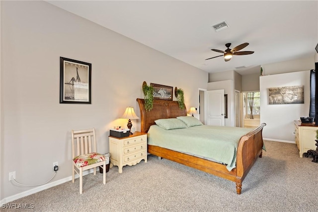 bedroom with ceiling fan and carpet floors