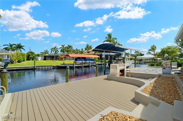 view of dock with a water view and boat lift