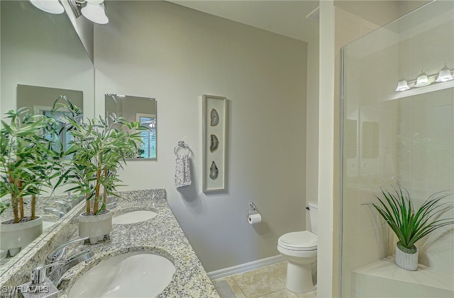 bathroom with tile patterned floors, toilet, a shower, ceiling fan, and vanity