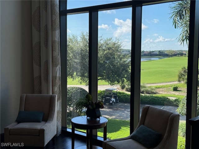 interior space featuring a healthy amount of sunlight, dark hardwood / wood-style floors, and a water view