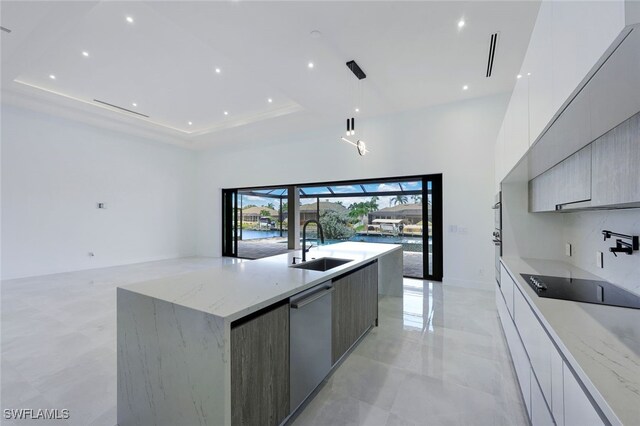 kitchen featuring light stone counters, stainless steel appliances, sink, a large island, and a raised ceiling