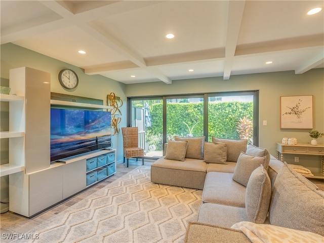 living room with beam ceiling and coffered ceiling