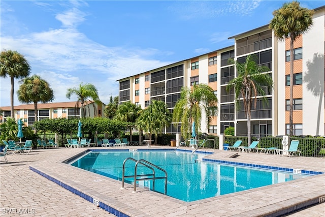 view of swimming pool featuring a patio area