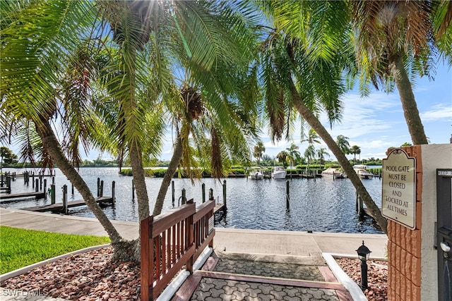 view of dock with a water view